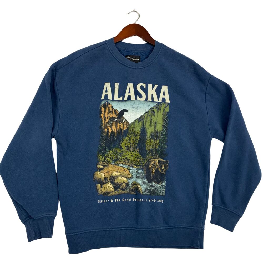 Original Use Alaska Sweatshirt Mens Blue Bear Mountain Outdoor Graphic Crewneck